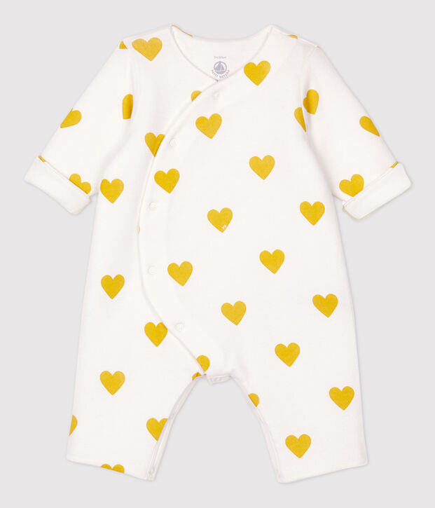 Mono largo de corazones amarillos de beb&eacute; ni&ntilde;a de algod&oacute;n org&aacute;nico blanco/amarillo