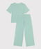Pijama de algodón a rayas de pernera ancha para mujer verde ALOEVERA/blanco MARSHMALLOW