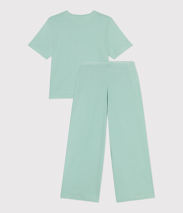 Pijama de algod&oacute;n a rayas de pernera ancha para mujer verde/blanco