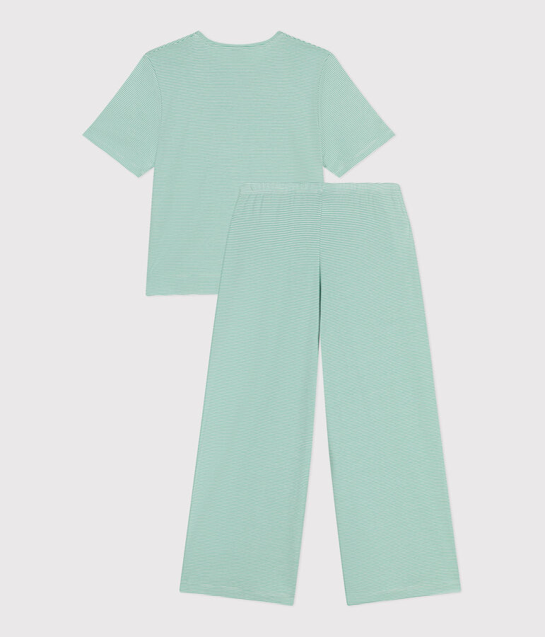 Pijama de algod&oacute;n a rayas de pernera ancha para mujer verde/blanco