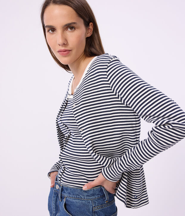 C&aacute;rdigan de algod&oacute;n a rayas para mujer azul/blanco