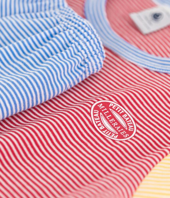 Pijama corto de algodón milrayas rojo, azul y amarillo para niño rojo PEPS/blanco MULTICO