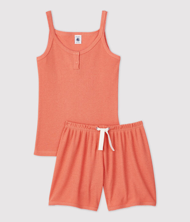 Pijama corto liso papaya de algod&oacute;n y lyocell de ni&ntilde;a rosa
