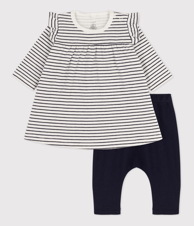 Vestido y legging de t&uacute;bico de algod&oacute;n con rayas marineras para beb&eacute; blanco/azul