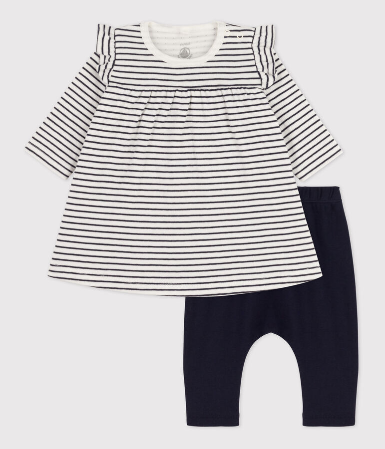 Vestido y legging de t&uacute;bico de algod&oacute;n con rayas marineras para beb&eacute; blanco MARSHMALLOW/azul SMOKING