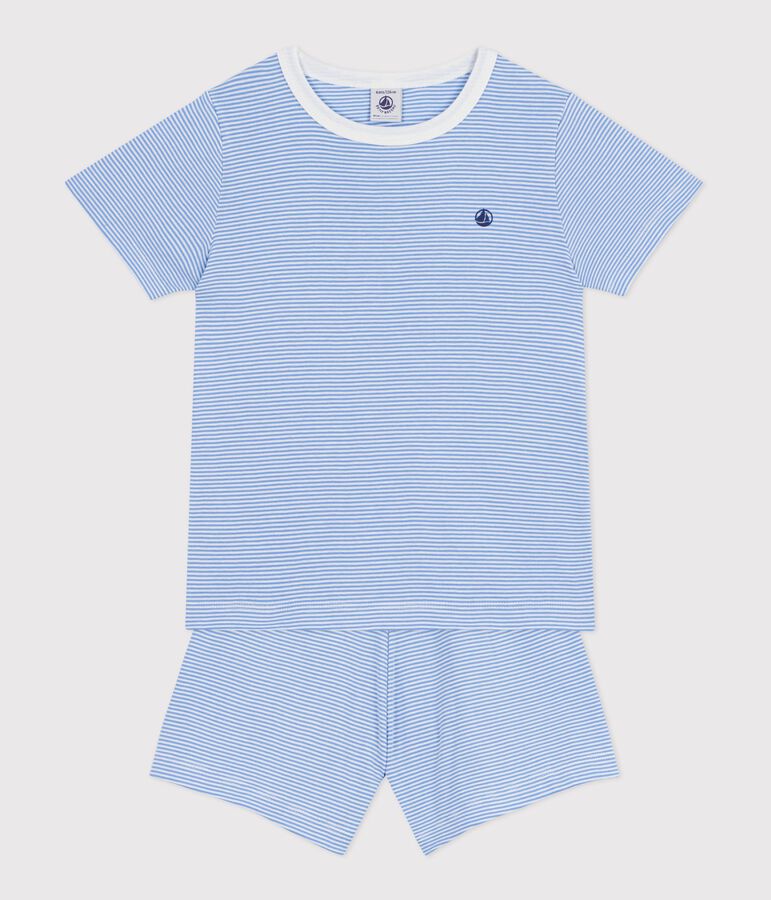 Pijama infantil corto de algod&oacute;n a rayas azul/blanco