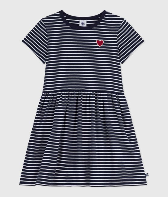 Vestido infantil de algodón de manga corta a rayas azul SMOKING/blanco MARSHMALLOW