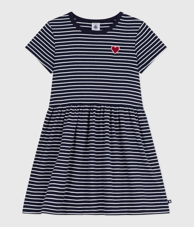 Vestido infantil de algod&oacute;n de manga corta a rayas azul/blanco