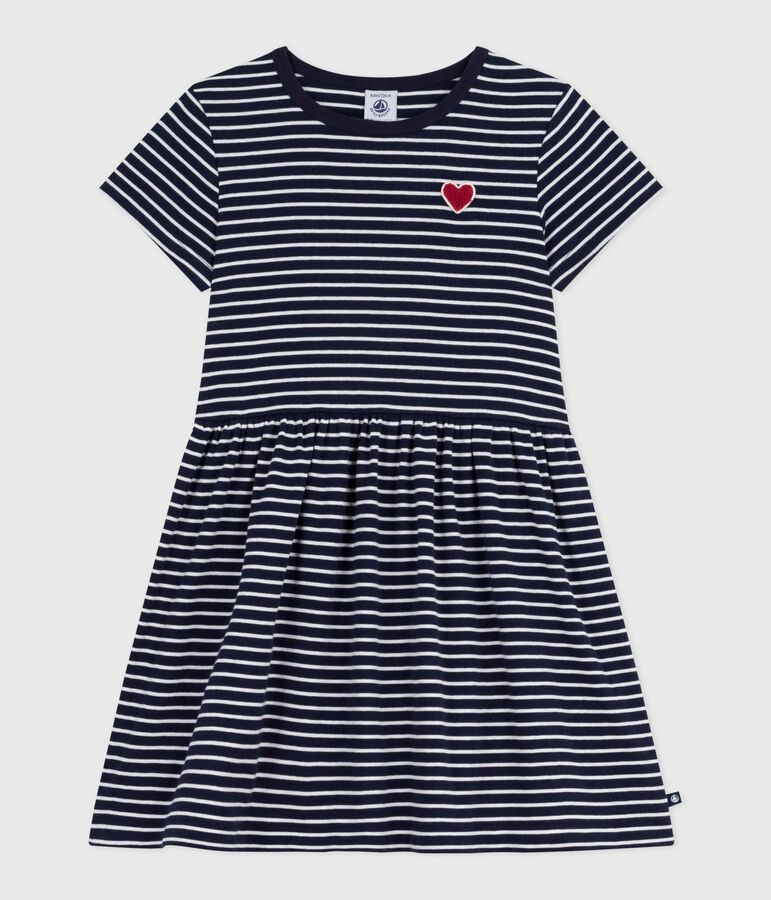 Vestido infantil de algod&oacute;n de manga corta a rayas azul/blanco