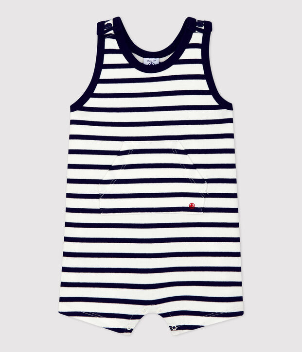 Mono corto de jersey grueso org&aacute;nico para beb&eacute; blanco/azul