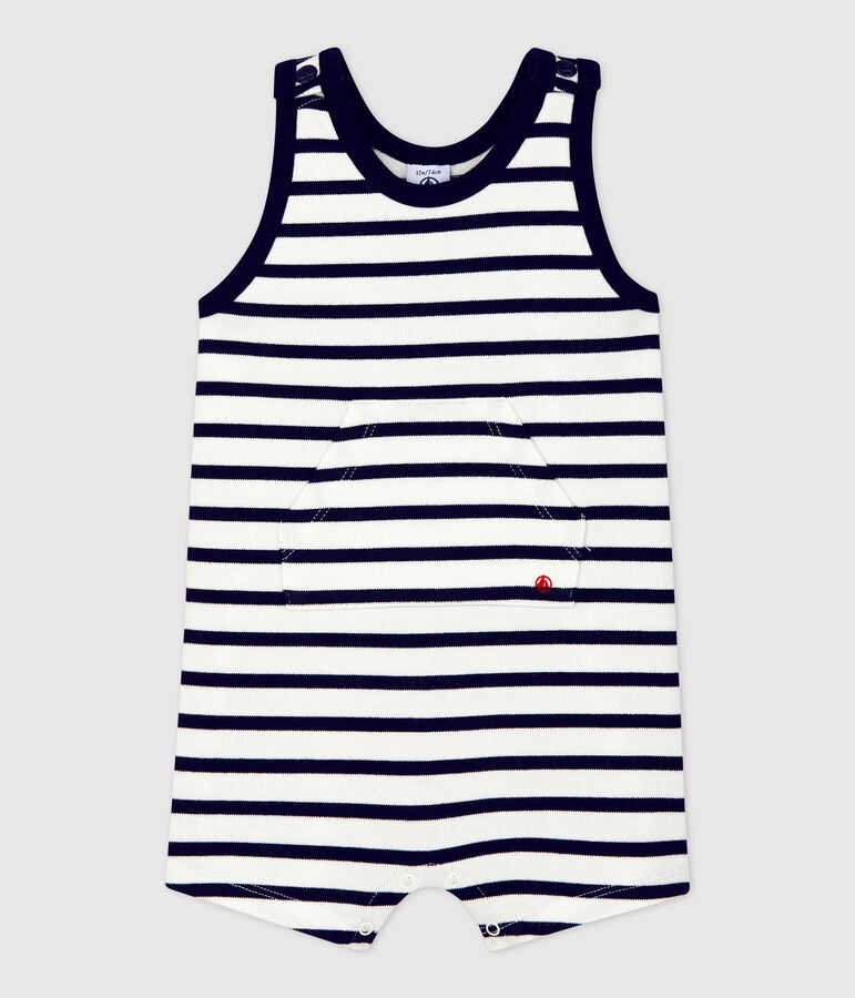 Mono corto de jersey grueso org&aacute;nico para beb&eacute; blanco/azul