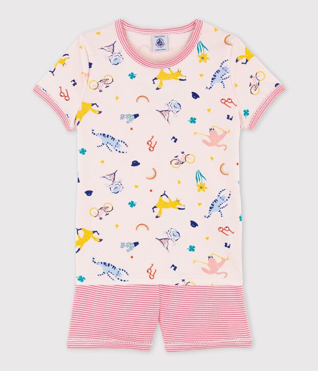 Pijama corto de algod&oacute;n con estampado de animales de yoga de ni&ntilde;a rosa/multicolor