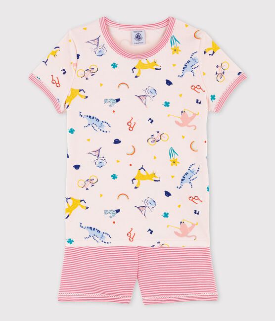 Pijama corto de algodón con estampado de animales de yoga de niña rosa FLEUR/blanco MULTICO