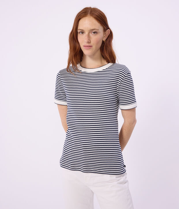 Camiseta de algod&oacute;n de manga corta a rayas para mujer azul/blanco