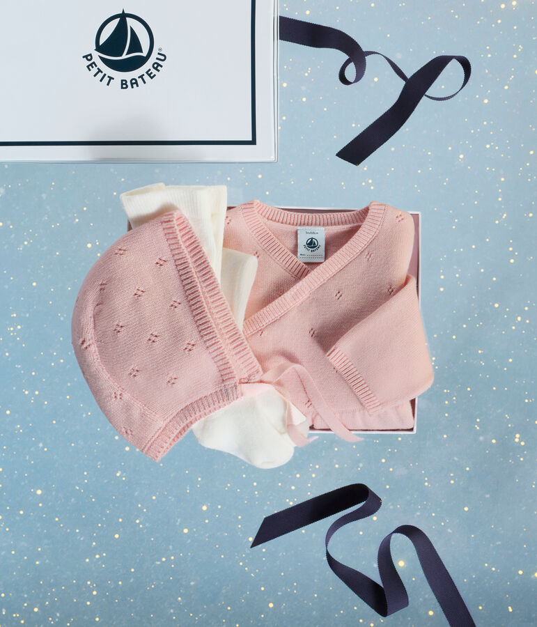 Conjunto de regalo para beb&eacute; de punto tricotado con capota, pelele y leotardos multicolor