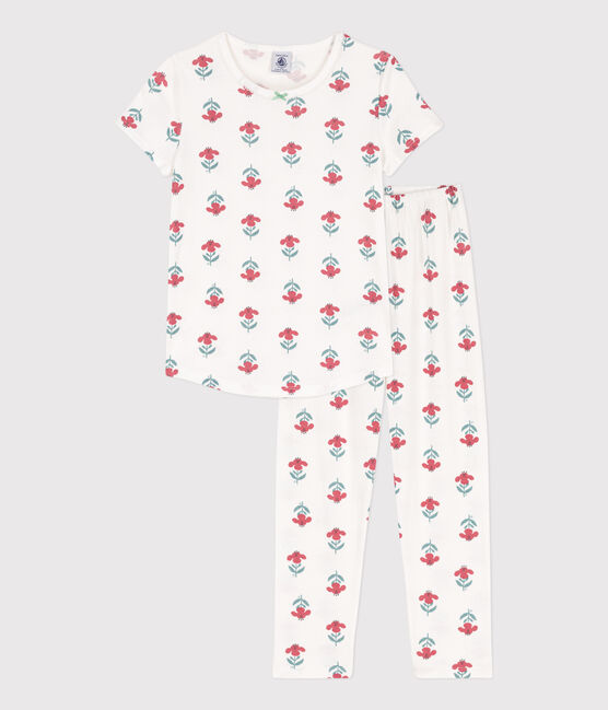 Pijama de manga corta de algodón con flores para niña blanco MARSHMALLOW/blanco MULTICO