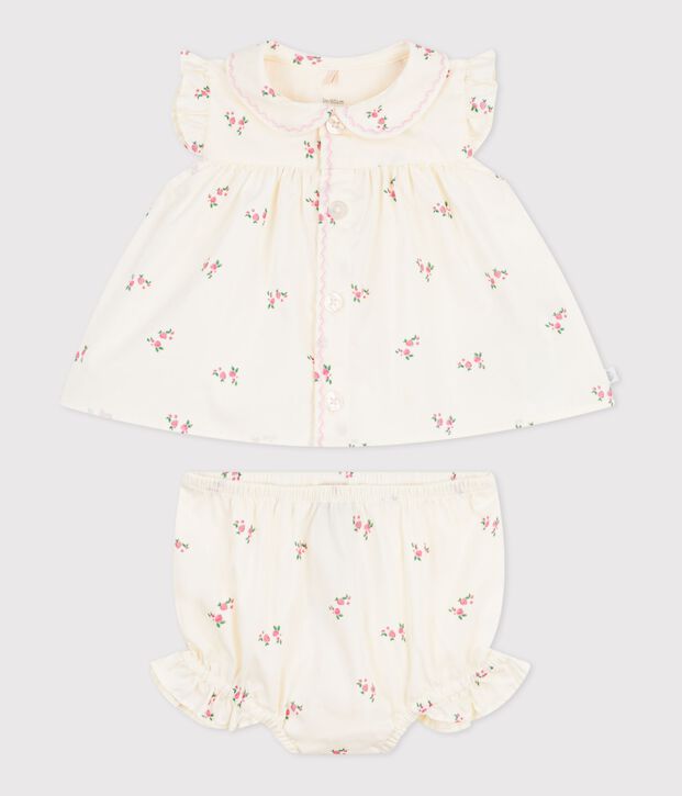 Conjunto de 2 piezas de algod&oacute;n con blusa y pololo estampados de flores para beb&eacute; crudo/multicolor