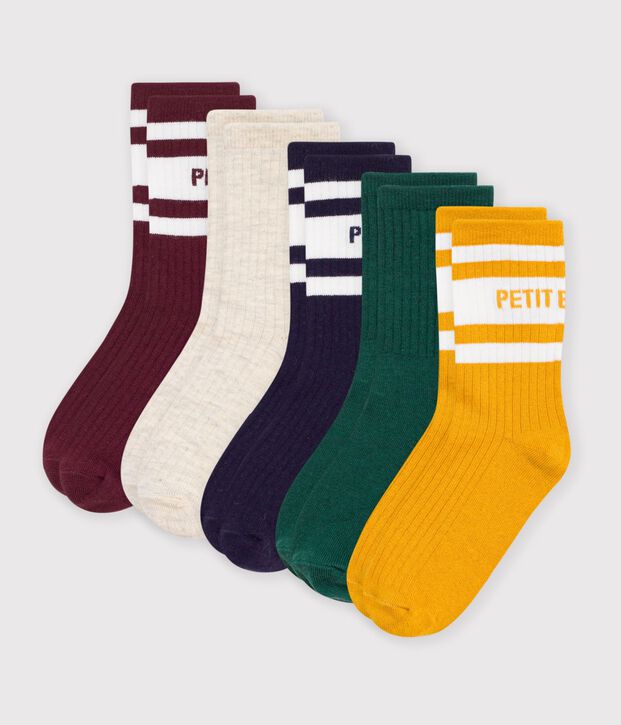 5 pares de calcetines infantiles lisos de algod&oacute;n multicolor