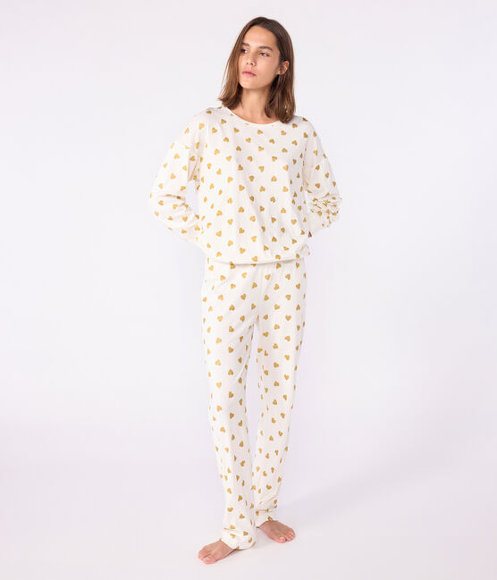Pijama de algodón con estampado de corazones dorados para mujer MILK/ DORE