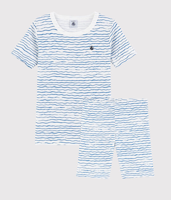 Pijama corto snugfit con estampado de olas de algodón de niño blanco MARSHMALLOW/azul COOL