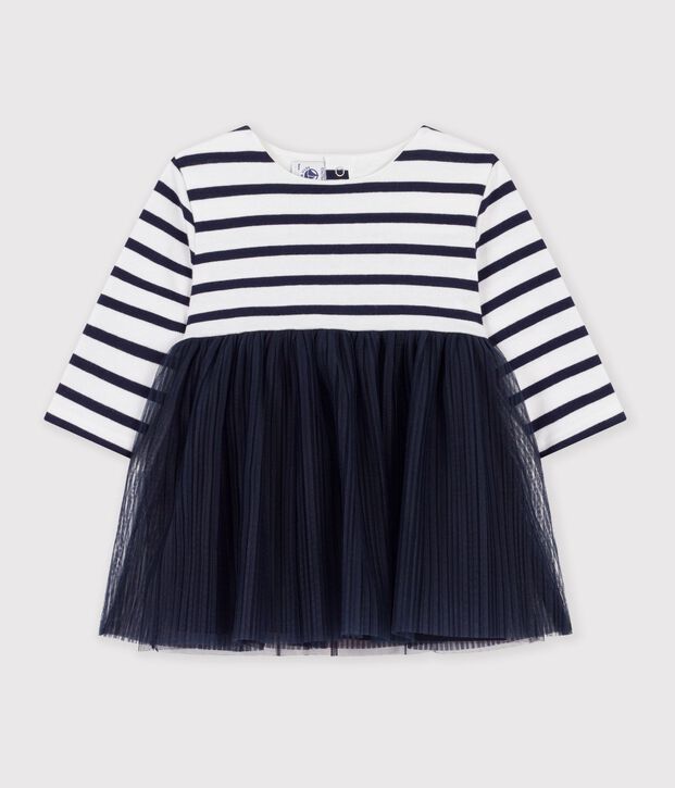 Vestido de dos materiales de manga larga a rayas para beb&eacute; blanco/multicolor