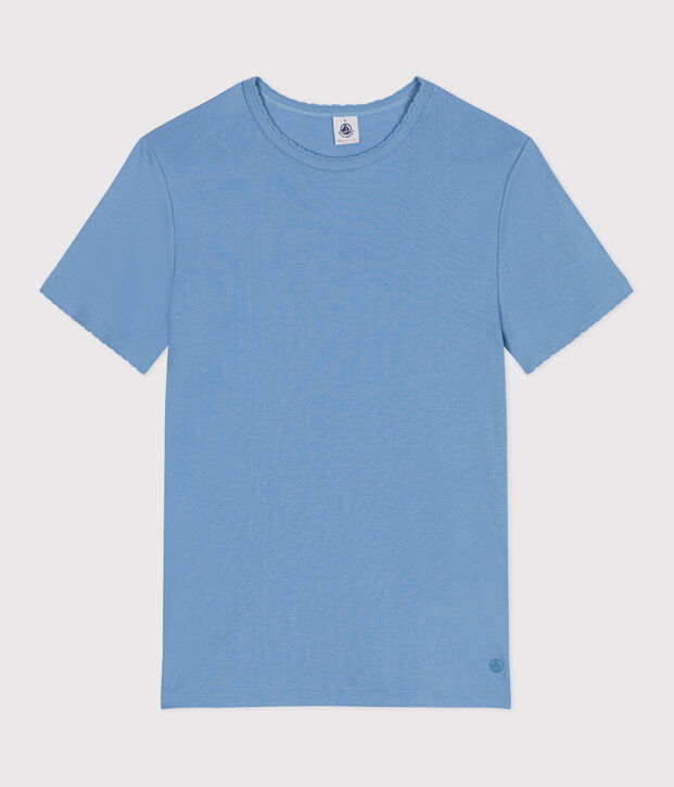 Camiseta lisa Ic&oacute;nica de algod&oacute;n con punto cocotte para mujer azul