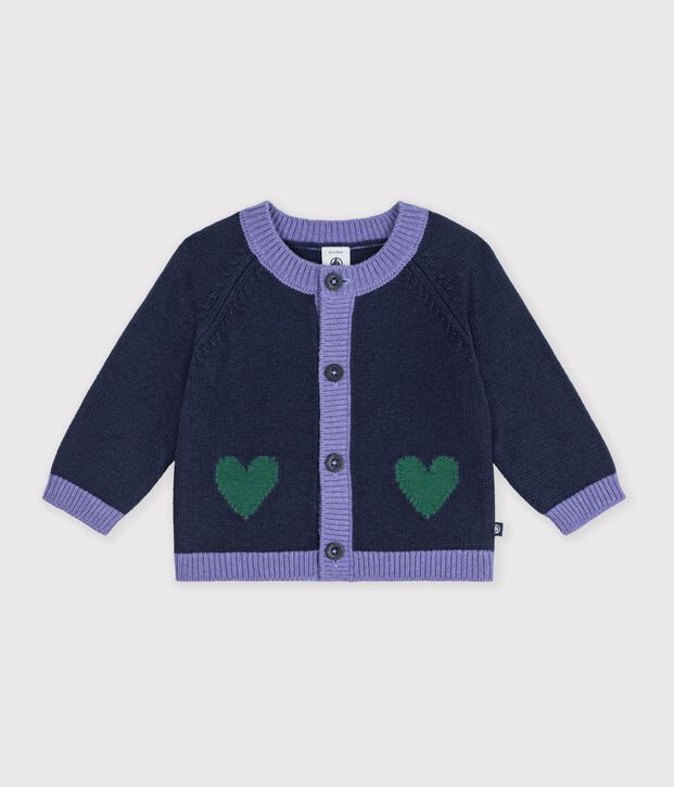 C&aacute;rdigan de punto tricotado de lana y algod&oacute;n con estampados jacquard de corazones para beb&eacute; azul/multicolor