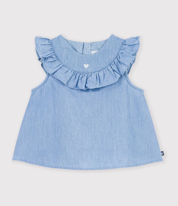Blusa sin mangas de algod&oacute;n chambray bordado para beb&eacute; azul