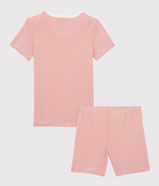 Pijama corto milrayas rosa de algodón orgánico de niña rosa PAPAYE/ MARSHMALLOW