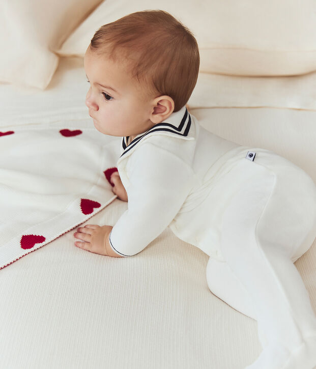 Pijama de algod&oacute;n sin pies con cuello de uniforme para beb&eacute; blanco
