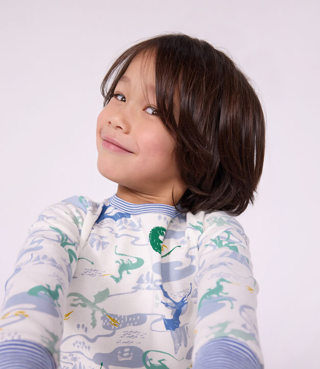 Pijama infantil de mulet&oacute;n con estampado de dragones blanco/multicolor