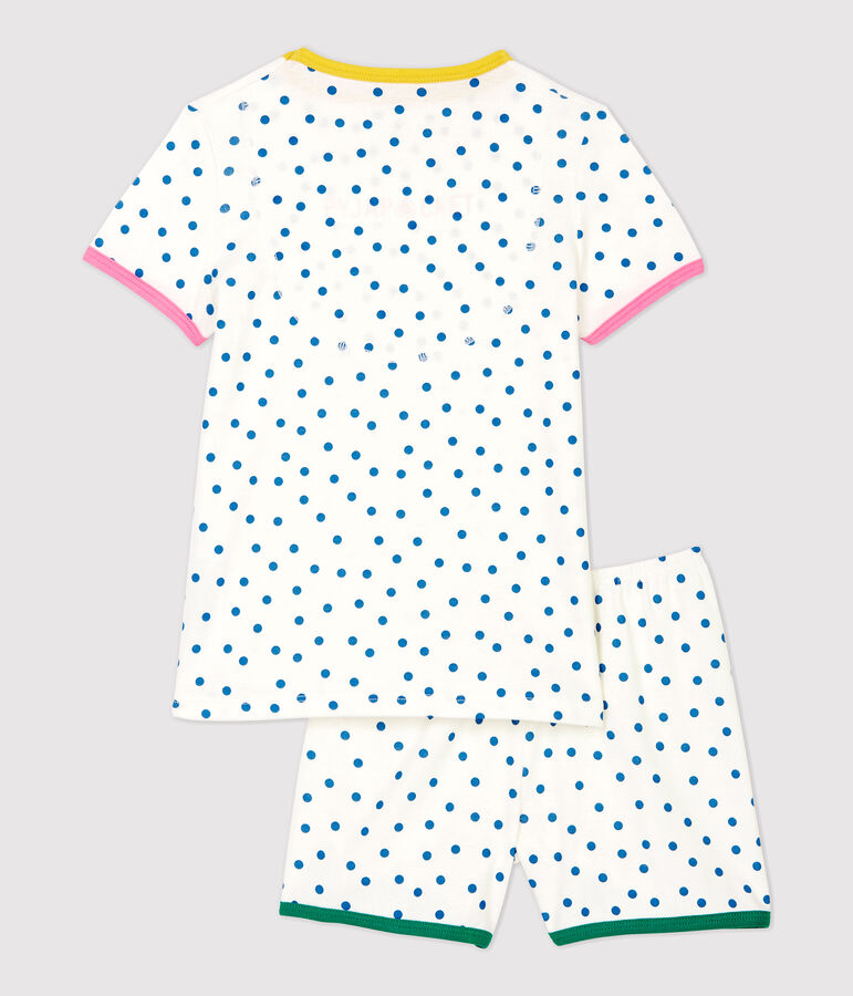 Pijama corto de lunares azules de ni&ntilde;a de algod&oacute;n blanco MARSHMALLOW/ MALLARD