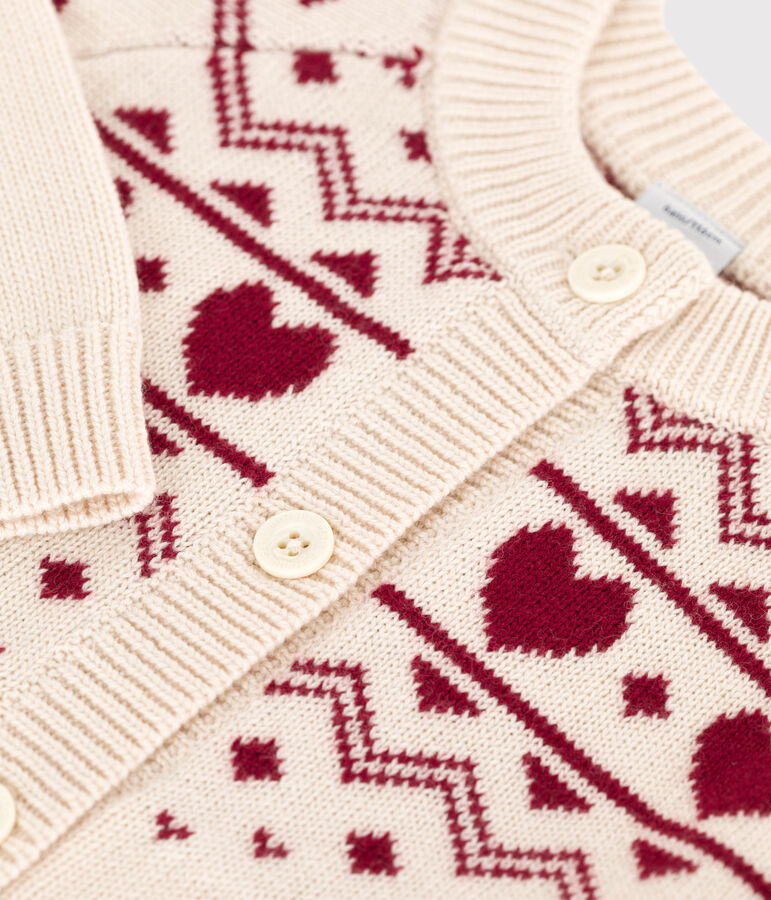 C&aacute;rdigan infantil de lana y algod&oacute;n con estampado jacquard crudo/rojo