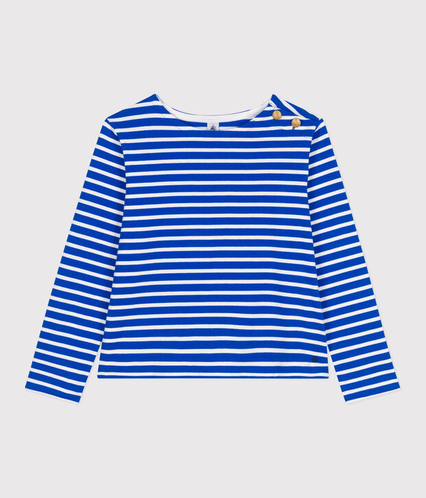Marinera de algod&oacute;n de manga larga para mujer azul/blanco
