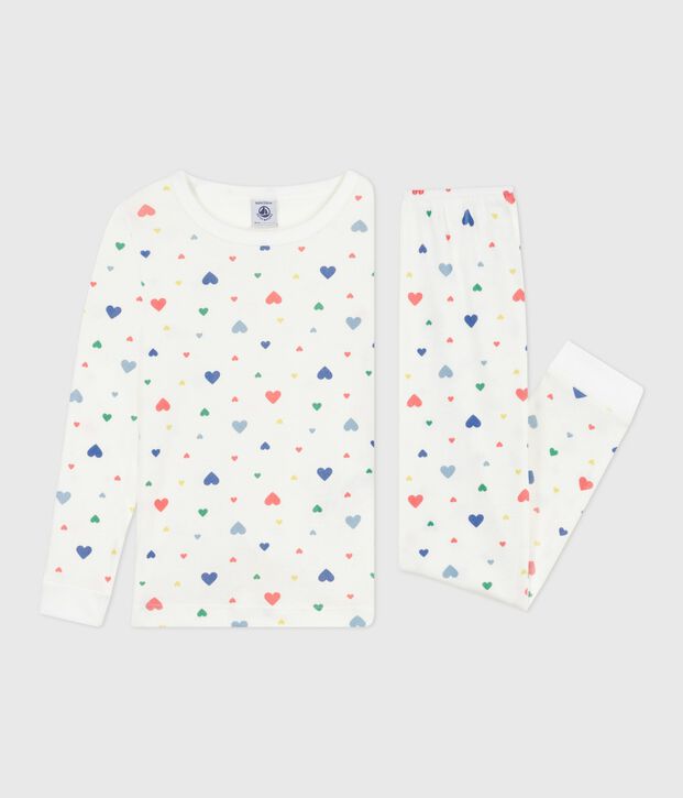 Pijama infantil de algod&oacute;n con estampado de corazones, muy entallado. blanco/multicolor