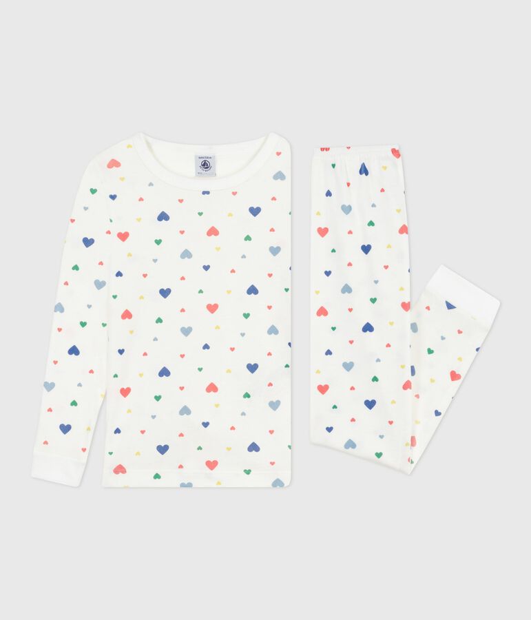 Pijama infantil de algod&oacute;n con estampado de corazones, muy entallado. blanco/multicolor