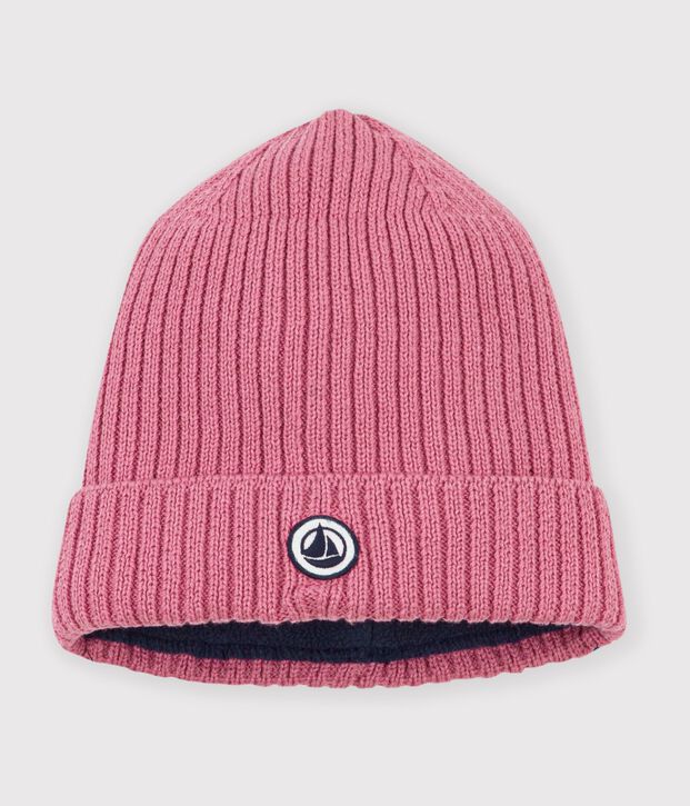 Gorro infantil de punto tricotado con forro polar rosa