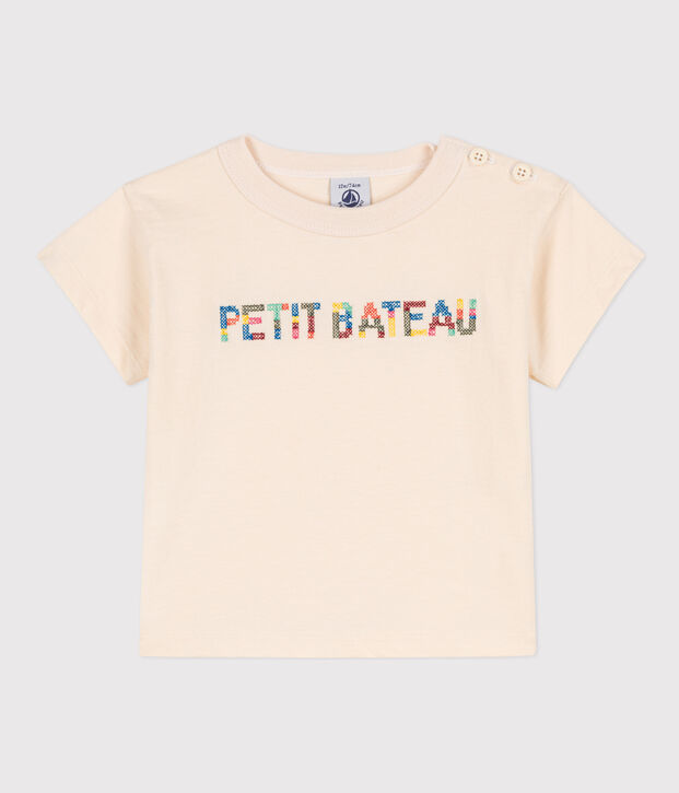 Camiseta de manga corta de punto bordado para beb&eacute; crudo