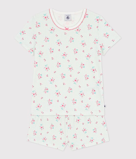 Pijama infantil corto de algodón con estampado de flores blanco MARSHMALLOW/blanco MULTICO