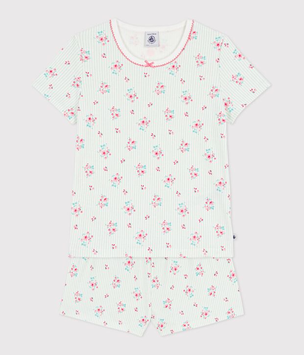Pijama infantil corto de algod&oacute;n con estampado de flores blanco/multicolor
