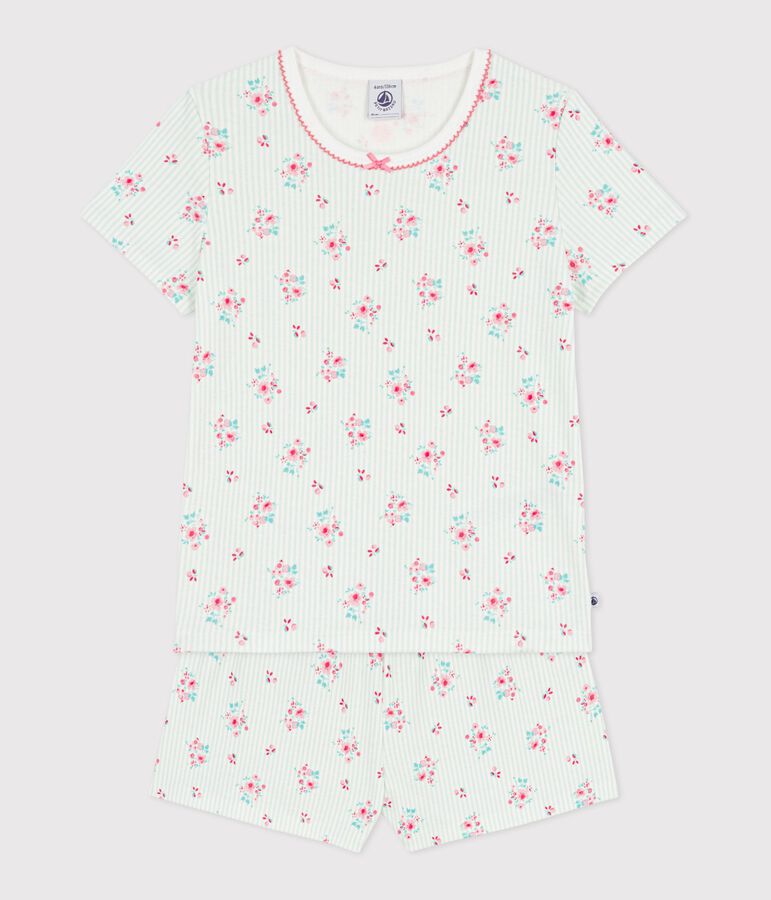 Pijama infantil corto de algod&oacute;n con estampado de flores blanco/multicolor