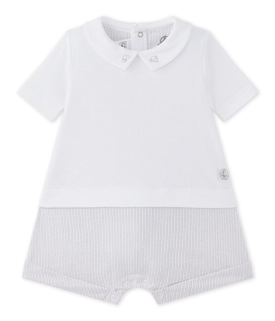 Pelele corto para bebé niño bi-materia blanco ECUME/beige BEIGE