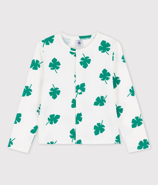 Cárdigan estampado de muletón de niña blanco MARSHMALLOW/verde GAZON