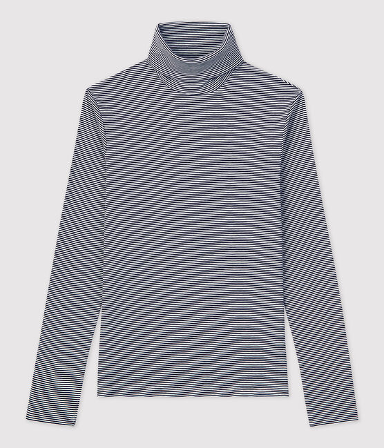 Camiseta L'ICONIQUE con cuello vuelto de algodón ORGÁNICO de mujer azul SMOKING/blanco MARSHMALLOW
