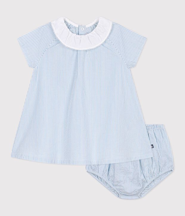 Vestido de algod&oacute;n de manga corta y pololo a rayas para beb&eacute; azul/azul