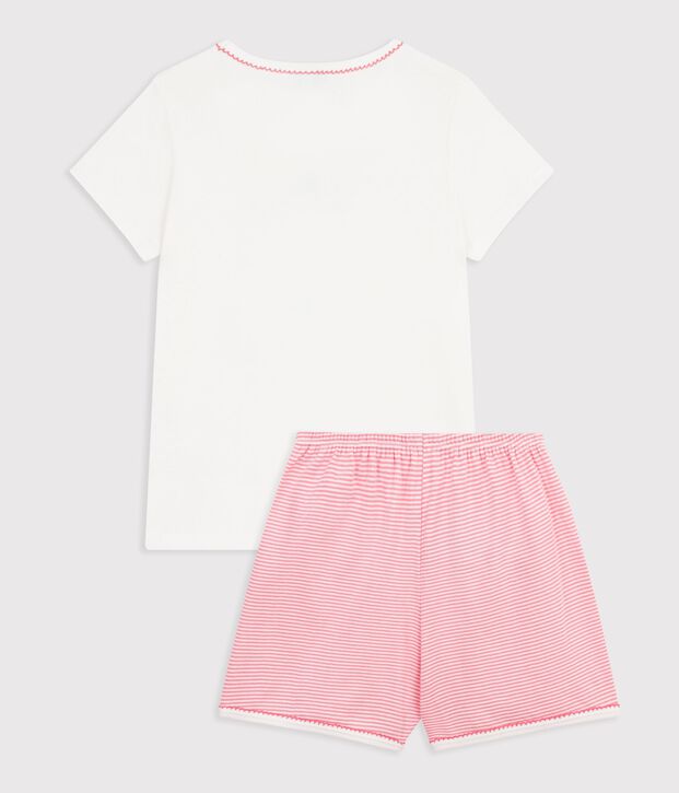 Pijama corto infantil de algod&oacute;n con estampado de oc&eacute;ano blanco/rosa
