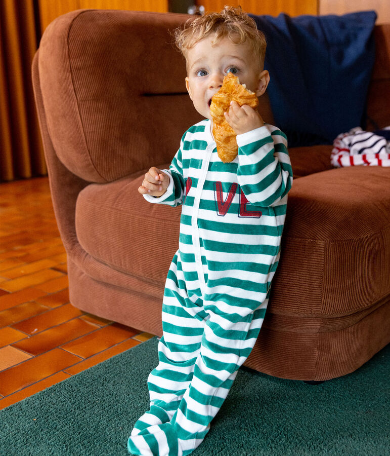 Pelele de terciopelo de beb&eacute; verde/blanco