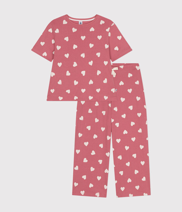 Pijama de algod&oacute;n con estampado de coraz&oacute;n para mujer rosa/blanco