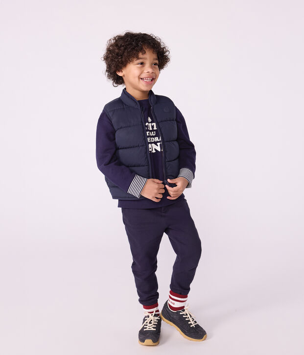 Plum&iacute;fero infantil sin mangas bicolor reversible azul/amarillo