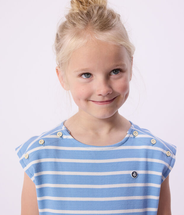 Vestido infantil sin mangas de algod&oacute;n a rayas azul/blanco